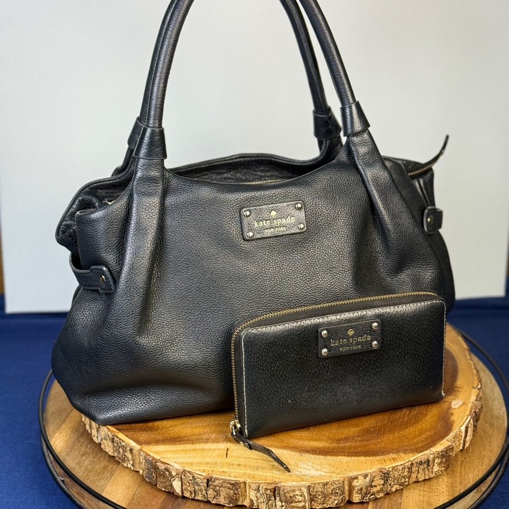 Kate Spade ♠️ Black Pebbled Leather Hobo Satchel + KSNY Leather Wallet EUC